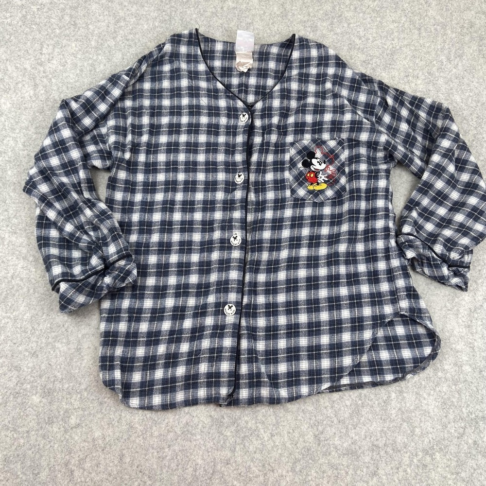 Mickey & Co Pajama Top Womens Large Blue Plaid Flannel Sleepwear Mickey Mouse